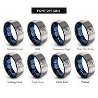 font options for inside engraving on black & blue & gray starfield band rings