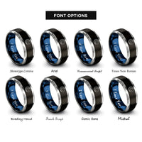 font options for inside engraving on black & blue & grey starfield crescent rings