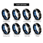 font options for inside engraving on black & blue & gray starfish pair wave rings