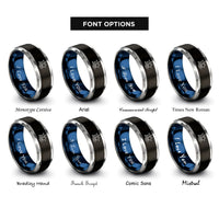 font options for inside engraving on black & blue & gray starfish pair wave rings
