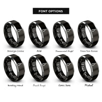 font options for inside engraving on black & silver stirrup leather strap rings