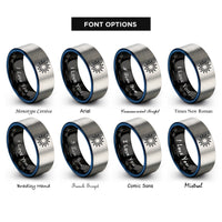 font options for inside engraving on black & blue & silver sun astrological glyph rings
