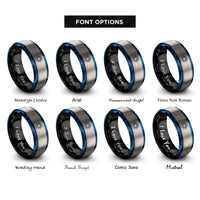 font options for inside engraving on black & blue & gray sunburst halo rings