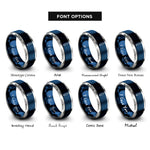 font options for inside engraving on blue & silver surfboard longboard rings