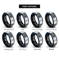 font options for inside engraving on black & blue & gray surfboard stamp rings