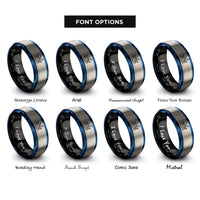 font options for inside engraving on black & blue & silver surfboat waves oars rings