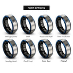 font options for inside engraving on black & blue & gray surfer riding barrel rings