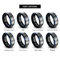 font options for inside engraving on black & blue & gray swallows formation rings