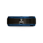 custom engraved rings men – black & blue tungsten bridge pawprint halo wedding band