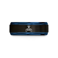 custom engraved rings men – black & blue tungsten bridge pawprint halo wedding band