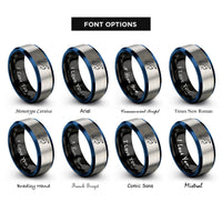 font options for inside engraving on black & blue & silver swimmer backstroke rings
