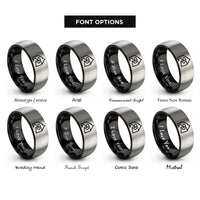 font options for inside engraving on black & silver switchback trail icon rings