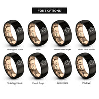font options for inside engraving on black & rose gold sycamore leaf rings