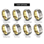 font options for inside engraving on gold & gray takeout box rings