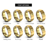 font options for inside engraving on gold & gray takeout box rings