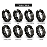 font options for inside engraving on black & silver tea leaf sprig rings