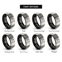 font options for inside engraving on black & silver telemark skier rings