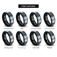 font options for inside engraving on black & blue & silver tennis racquet ball rings