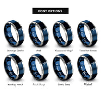 font options for inside engraving on blue & gray tennis racquet ball rings