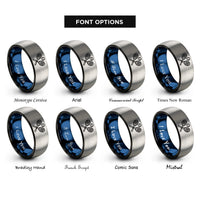 font options for inside engraving on black & blue & silver tennis racquets rings