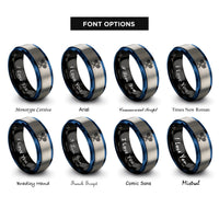 font options for inside engraving on black & blue & gray tennis racquets rings