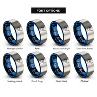 font options for inside engraving on blue & grey tennis serve pose rings