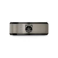 custom thank you rings – black & silver tungsten tuxedo cat icon wedding band