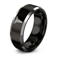 engraved ring for couples – black & gray tungsten caduceus ring