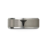 engraved ring for couples – black & silver tungsten caduceus wedding band