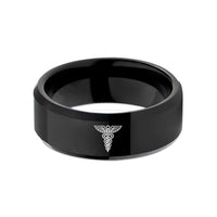 womens simple silver band – black tungsten caduceus wedding band