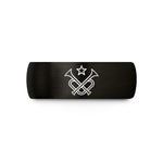 personalized ring for men – black & gold tungsten crossed trumpets star wedding band