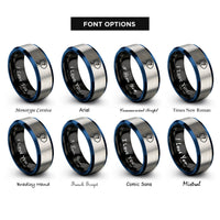 font options for inside engraving on black & blue & gray thought bubble rings
