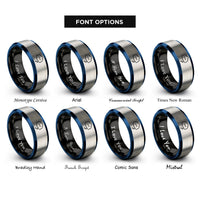 font options for inside engraving on black & blue & gray thought cloud ellipsis rings