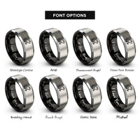 font options for inside engraving on black & gray toad silhouette sitting rings