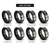 font options for inside engraving on black & grey topo lines pattern rings