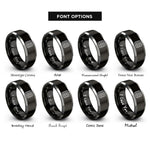 font options for inside engraving on black & silver topo lines pattern rings
