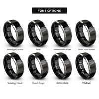 font options for inside engraving on black & silver topo lines pattern rings