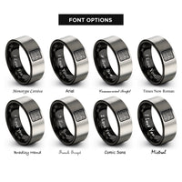 font options for inside engraving on black & silver topo lines pattern rings