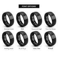 font options for inside engraving on black topo lines pattern rings
