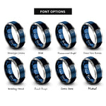 font options for inside engraving on blue & grey topographic contour lines rings