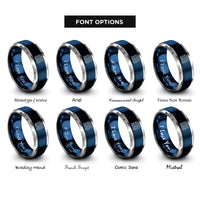 font options for inside engraving on blue & silver topographic contour lines rings