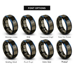 font options for inside engraving on gunmetal & blue topographic contour lines rings