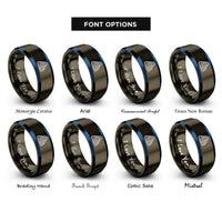 font options for inside engraving on gunmetal & blue topographic lines rings