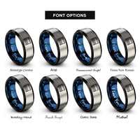 font options for inside engraving on black & blue & silver trap spikes pitfall rings