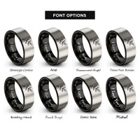 font options for inside engraving on black & grey tree branch rings