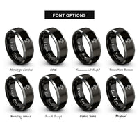 font options for inside engraving on black & silver tree heart roots rings