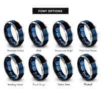 font options for inside engraving on blue & silver tree pose vrksasana rings