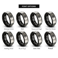 font options for inside engraving on black & grey tree roots rings