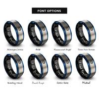 font options for inside engraving on black & blue & grey tree silhouette rings
