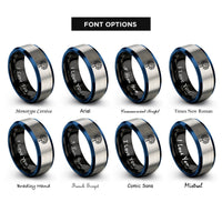 font options for inside engraving on black & blue & grey tree silhouette rings
